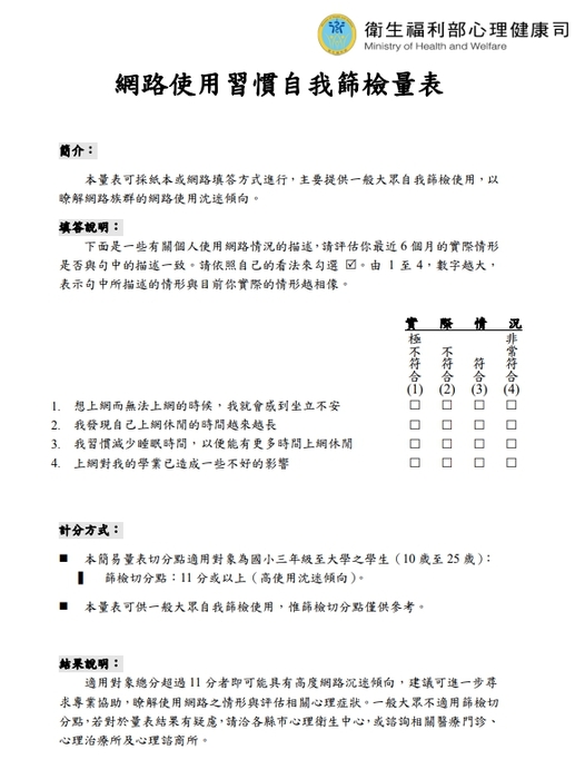 網路使用習慣自我篩檢量表